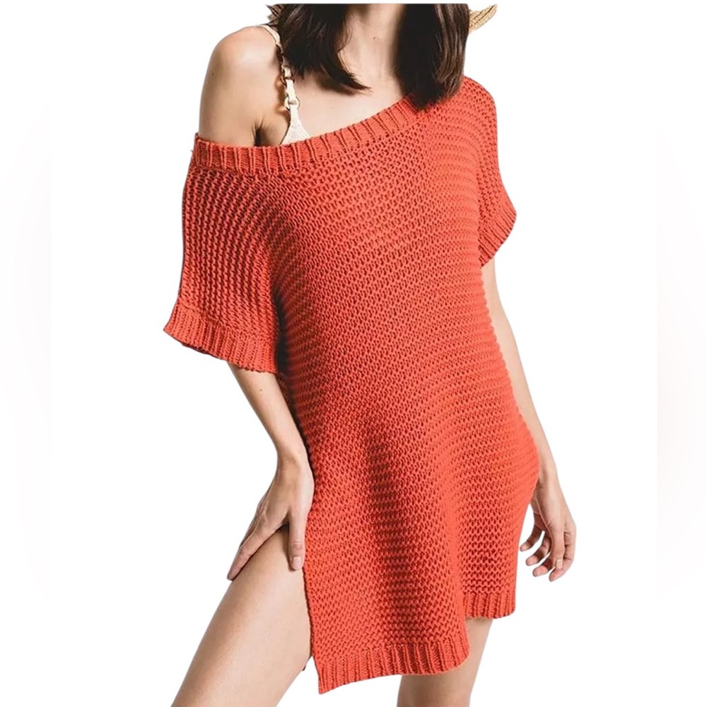 RAG POETS BELLAGIO ORANGE WIDE NECK TUNIC OPEN KNIT SIDE VENT SWEATER TOP XS